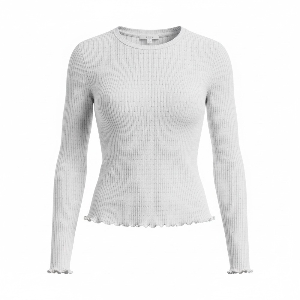 Gaze White‎ Ribbed Pointelle Lettuce Trim Long Sleeve Top XS Balletcore Coquette